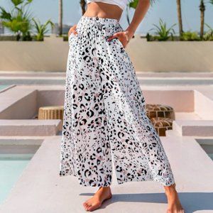 Tie Waist Leopard Wide Leg Pants w/Pockets Large
